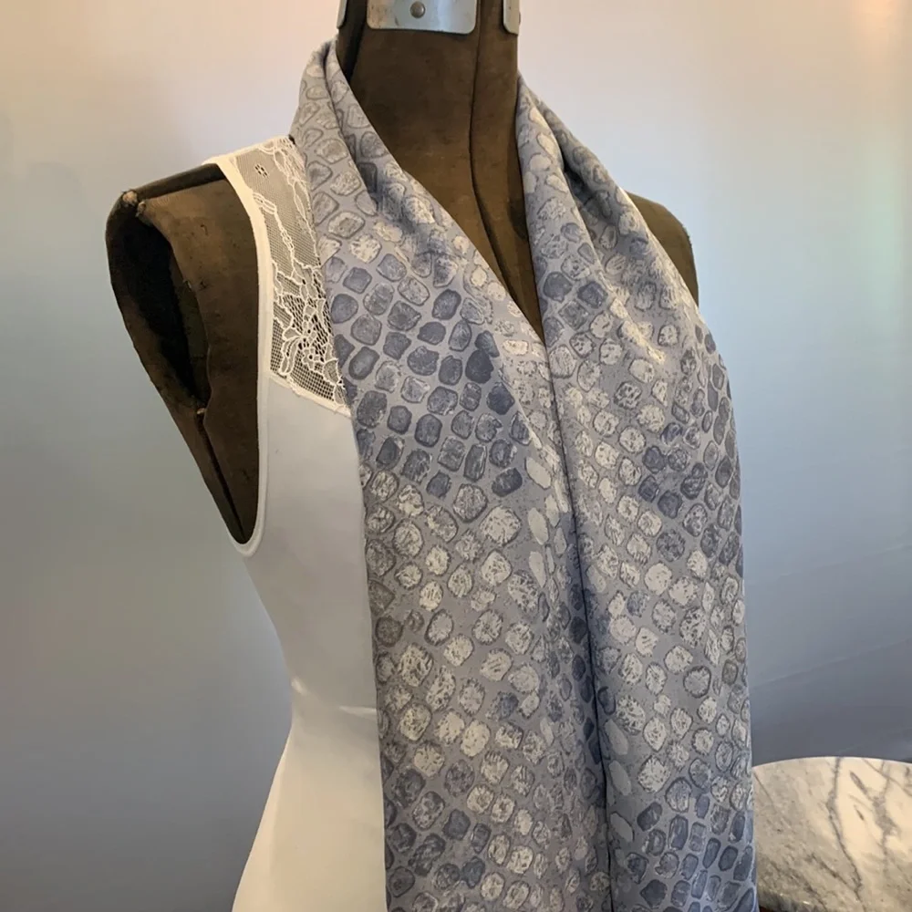 Francesca 💯 silk scarf in blueish grey hues in tiles with sexy fringe Italy made